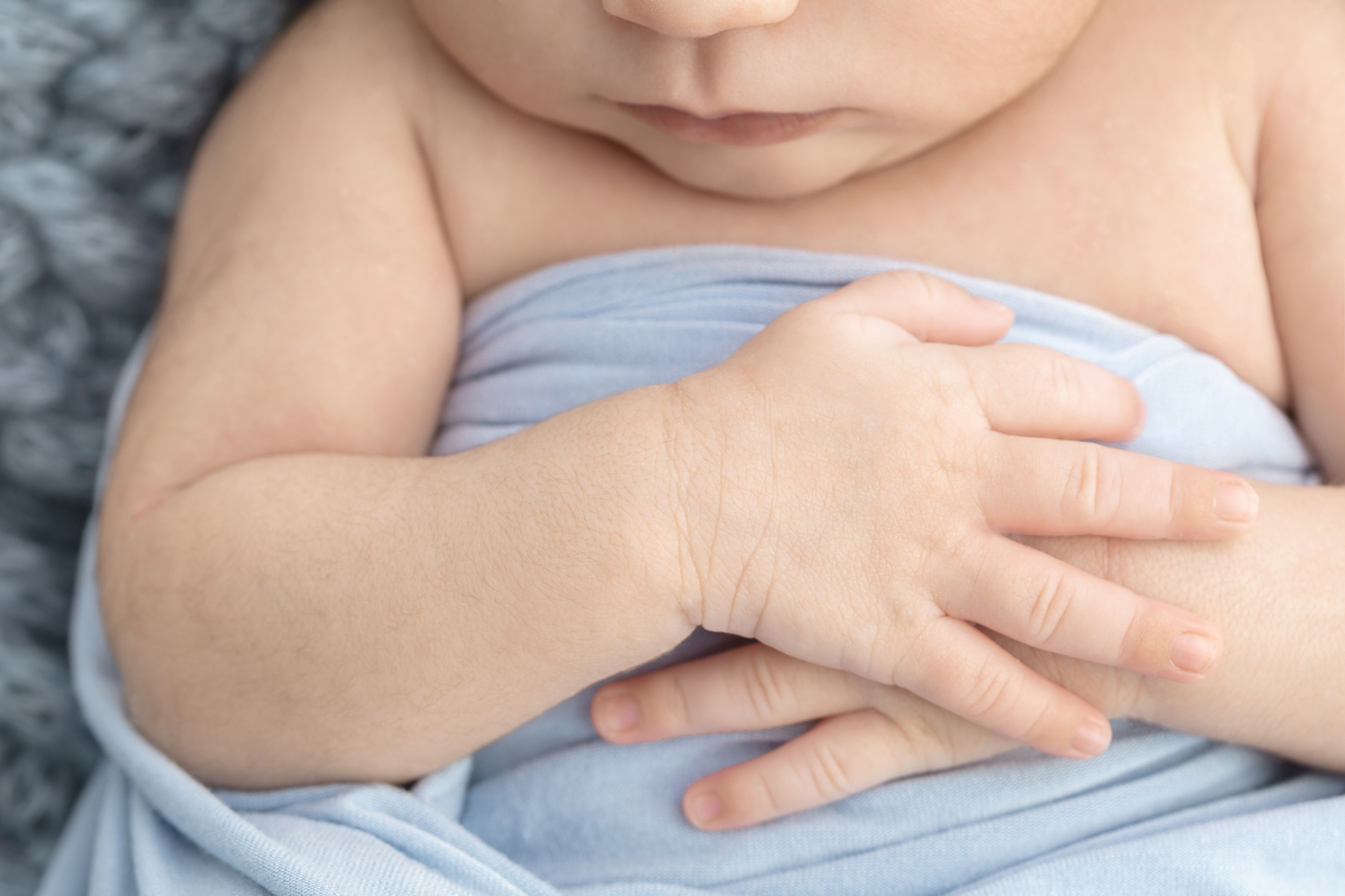 December baby newborn image; baby's hands folded across his light blue swaddle